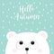 Hello autumn. Polar white little small bear cub head face looking up to rain drops. Big eyes. Cute cartoon baby character. Arctic
