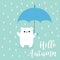 Hello autumn. Polar white small little bear cub holding umbrella. Rain drops. Cute cartoon baby character. Arctic animal collectio