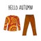 Hello autumn sweater, jacket and jeans, pants, with autumn print. Autumn things. Sweater, jeans, autumn clothes. Fashion autumn.