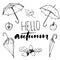 Hello autumn text and sketches of open and closed umbrellas, acorns, pumpkin and half of an apple. Black and white fall
