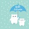 Hello autumn. Two polar white small little bear cub holding umbrella. Rain drops. Cute cartoon baby character. Arctic animal colle