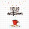 Hello autumn typography banner with sketched illustration of hot drink and golden leaves.