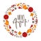 Hello Autumn Vector Calligraphy lettering text. Round background frame wreath with yellow leaves, mushrooms and autumn