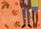 Hello, Autumn. Vector cute horizontal illustration of a couple of teenagers and falling autumn leaves. Legs in boots for