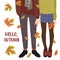 Hello, Autumn. Vector cute illustration of a couple of teenagers and falling autumn leaves. Legs in boots on a white