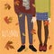 Hello, Autumn. Vector flat illustration of a couple of teenagers and falling autumn leaves. Legs in boots for banners