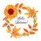 Hello, Autumn watercolor autumn wreath with fall leaves and a sunflower