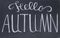 Hello Autumn white chalk lettering on blackboard. Autumn season on school board. Hello Autumn on chalkboard.