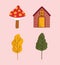 Hello autumn wooden cottage mushroom foliage nature icons