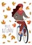 Hello, Autumn. Young girl riding a bicycle against falling maple and oak leaves. Cute vector hand-drawn cartoon