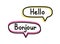 Hello bonjour. Handwritten lettering illustration. Black vector text in pink and yellow neon speech bubbles.