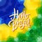 Hello Brazil text over green, yellow and blue