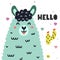 Hello card with a cute llama. Colorful print for kids with funny lama