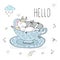 Hello card. Cute Unicorn takes a bath in a porcelain cup. Printable templates