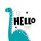 Hello. cartoon dinosaur, hand drawing lettering. flat style, colorful vector for kids.