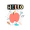 Hello. cartoon worm, apple, hand drawing lettering, decor elements. flat style, colorful vector for kids