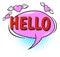 Hello chat message in retro comic style with flying hearts