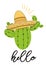 Hello colorful festive banner with cactus, sombrero. Bright vector card, sign, print, logo, label