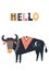 Hello - Cute kids hand drawn nursery poster with cow animal and lettering.