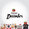 Hello, December. Holiday greeting card with cute cat characters and calligraphyelements. Modern lettering with with cartoons