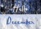 Hello December text on a blurred winter snowy forest and white natural snow background. Wintertime concept.