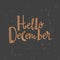 Hello December - winter card with stylish lettering. Text and watercolor splashes isolated. Vector greeting card.