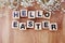 Hello easter alphabet letters on wooden background