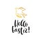 Hello Easter. Golden silhouette of bird. Calligraphy greeting ca