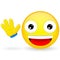 Hello emoticon. Emoticon waves his hand. Joyful emoticon. Pleased emoji. Happy emotion. Vector illustration smile icon.