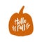 Hello fall hand drawn lettering on pumpkin. Fall season decoration.