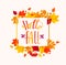 Hello Fall lettering in autumn leaves frame.