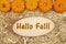 Hello Fall message with straw hay and pumpkins