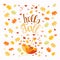 Hello Fall typography banner. Maple colorful leaves, hand drawn lettering autumn design element