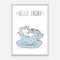 Hello Friday card. Cute Unicorn takes a bath in a porcelain cup. Printable templates