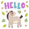 Hello. Funny vector illustration with cute little pony, lettering and decorative elements.