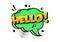 Hello. Green comic speech bubble isolated on white background. Comic sound effect, stars and halftone dots shadow in pop art style