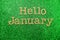 Hello January alphabet letters on green glitter background
