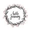 Hello January Hand Lettering Greeting Card. Modern Calligraphy. Winter Wreath.