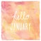 Hello January text on red and yellow watercolor background