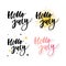 Hello july lettering print. Summer minimalistic illustration. Isolated calligraphy on white background. Orange rays behind text