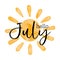 Hello July - Watercolor textured simple vector sun icon. Vector illustration, greeting card for beginning of summer