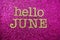 Hello June alphabet letter on pink glitter background