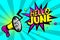 Hello june comic text pop art colored bubble