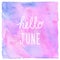 Hello June text on pink blue and violet watercolor background