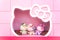 Hello Kitty plush dolls on pink display shelf, Hello Kitty Cafe, Jeju island, South Korea.