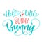 Hello Little Sunny Bunny quote. Isolated color pink, blue flat hand draw calligraphy script and grotesque lettering logo phrase