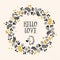 Hello Love greeting card with lettering and flower wreath.