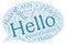 Hello in many languages in a blue word cloud random layout