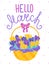 Hello march, greeting card with crocuses in a basket