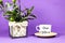 hello march text on cup of coffee with purple flowers vase